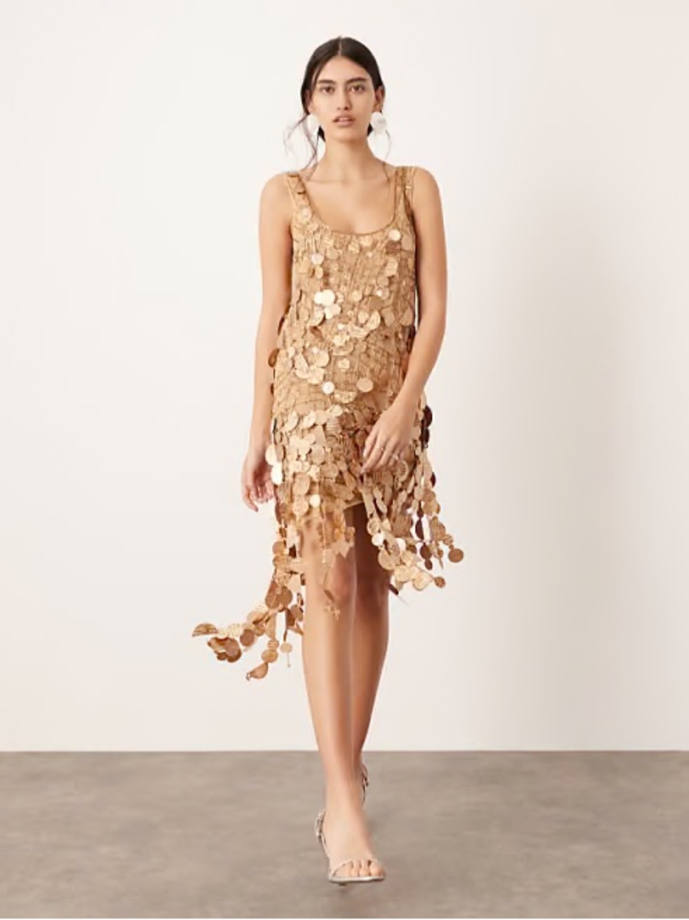 ASOS Gold Sequin Disc Mini Dress with Tassel Hem